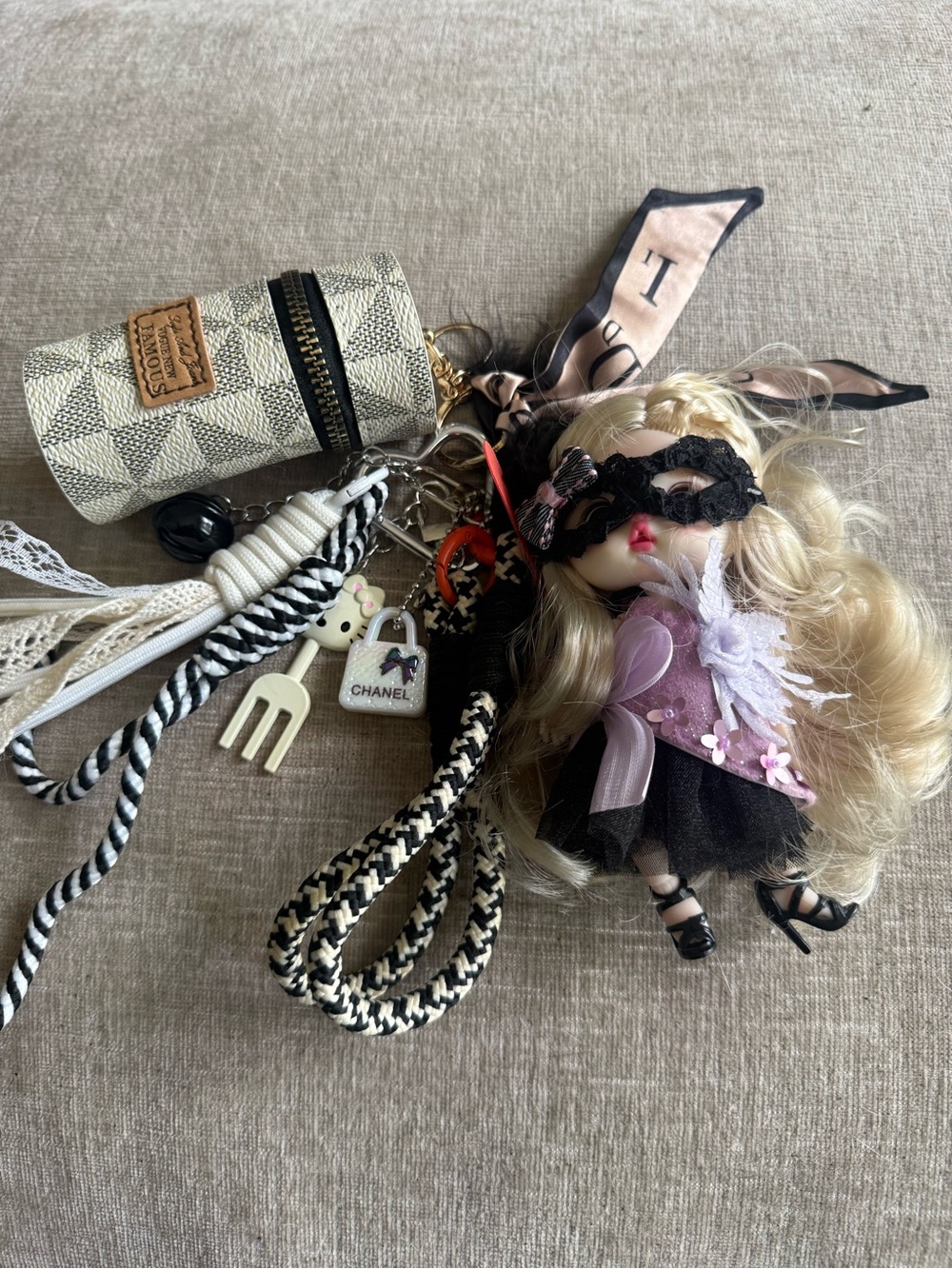 Doll Cute -Inspired Black & Pink Doll Keychain Accessory phone add